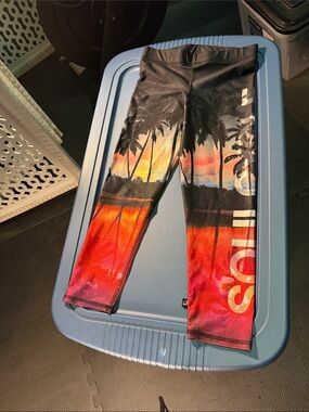 Terez Sunset Palm Kids Leggings - Black, Red, Orange, Yellow